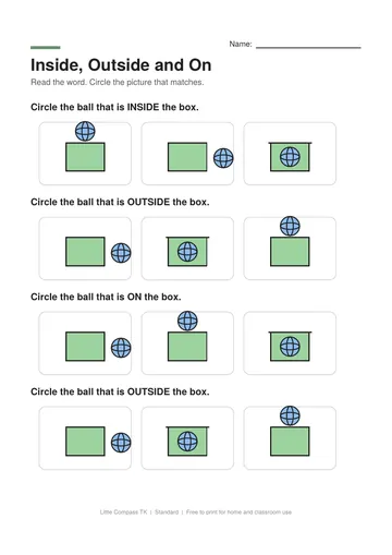 Printable worksheet with three pictures per row showing a ball inside, outside or on a box