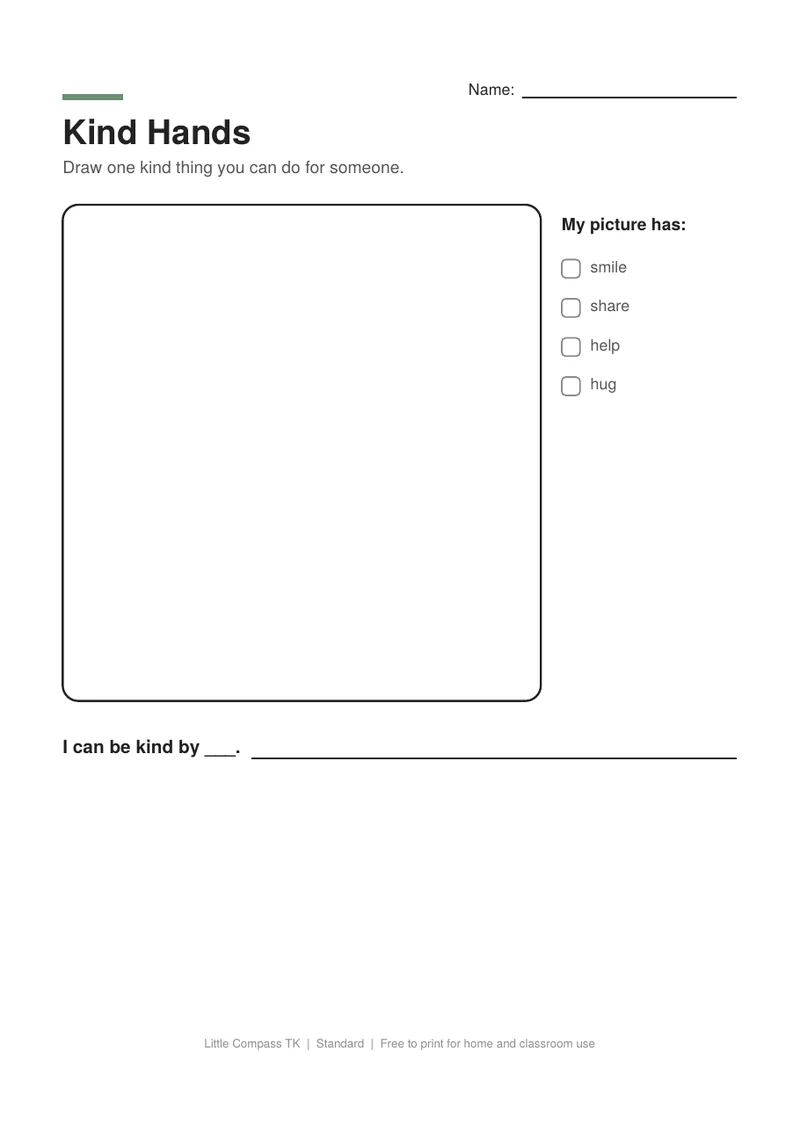 Printable worksheet with a drawing box and sentence lines for a kind action