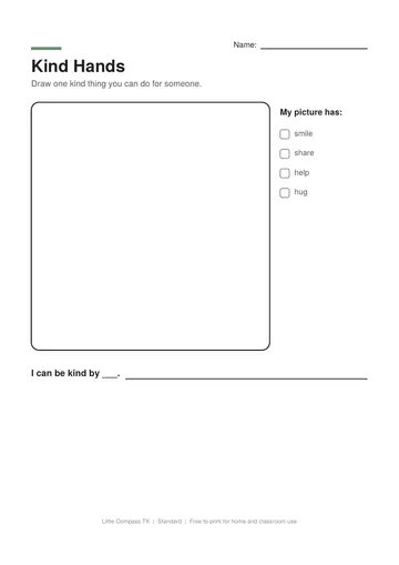 Printable worksheet with a drawing box and sentence lines for a kind action