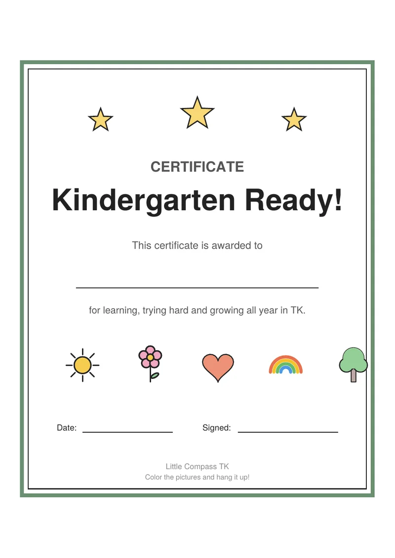 Printable certificate that says Kindergarten Ready with stars and pictures to color