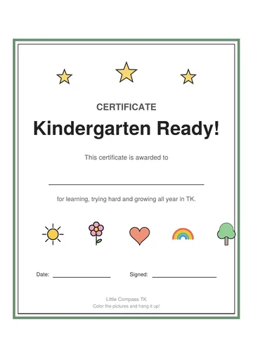 Printable certificate that says Kindergarten Ready with stars and pictures to color
