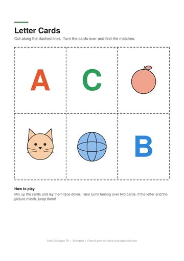 Printable cut-out cards with letters A, B, C and matching pictures for a memory game