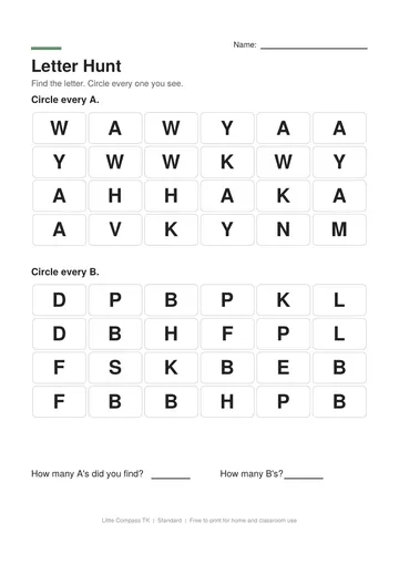 Printable worksheet with two grids of capital letters where a child circles every A and every B