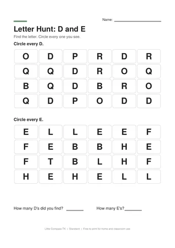 Printable worksheet with two grids of capital letters where a child circles every D and every E