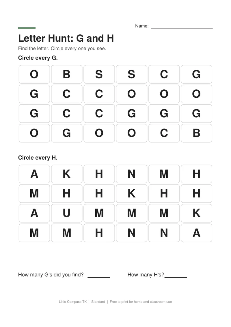Printable worksheet with two grids of capital letters where a child circles every G and every H