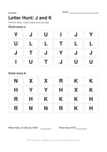 Printable worksheet with two grids of capital letters where a child circles every J and every K