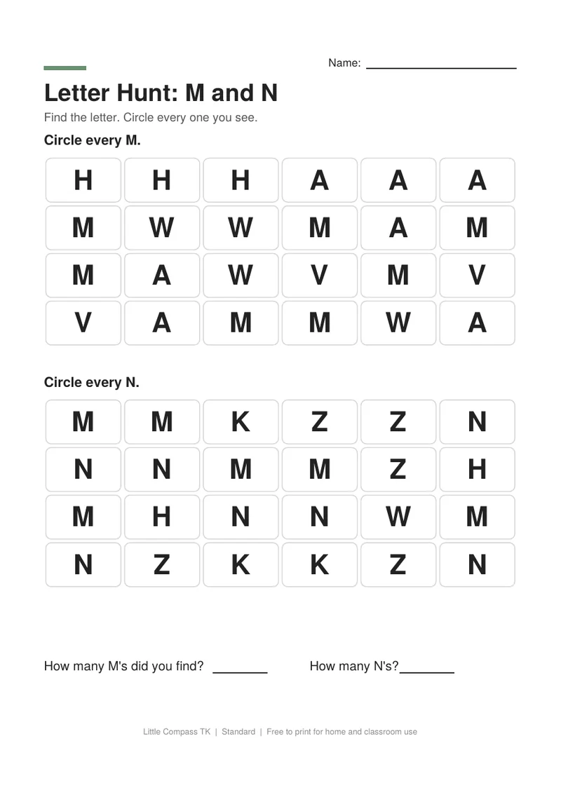 Printable worksheet with two grids of capital letters where a child circles every M and every N
