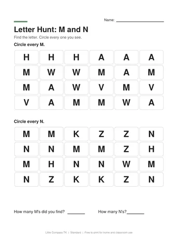 Printable worksheet with two grids of capital letters where a child circles every M and every N