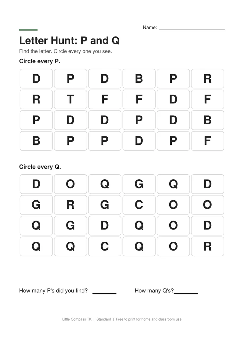 Printable worksheet with two grids of capital letters where a child circles every P and every Q