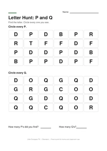 Printable worksheet with two grids of capital letters where a child circles every P and every Q