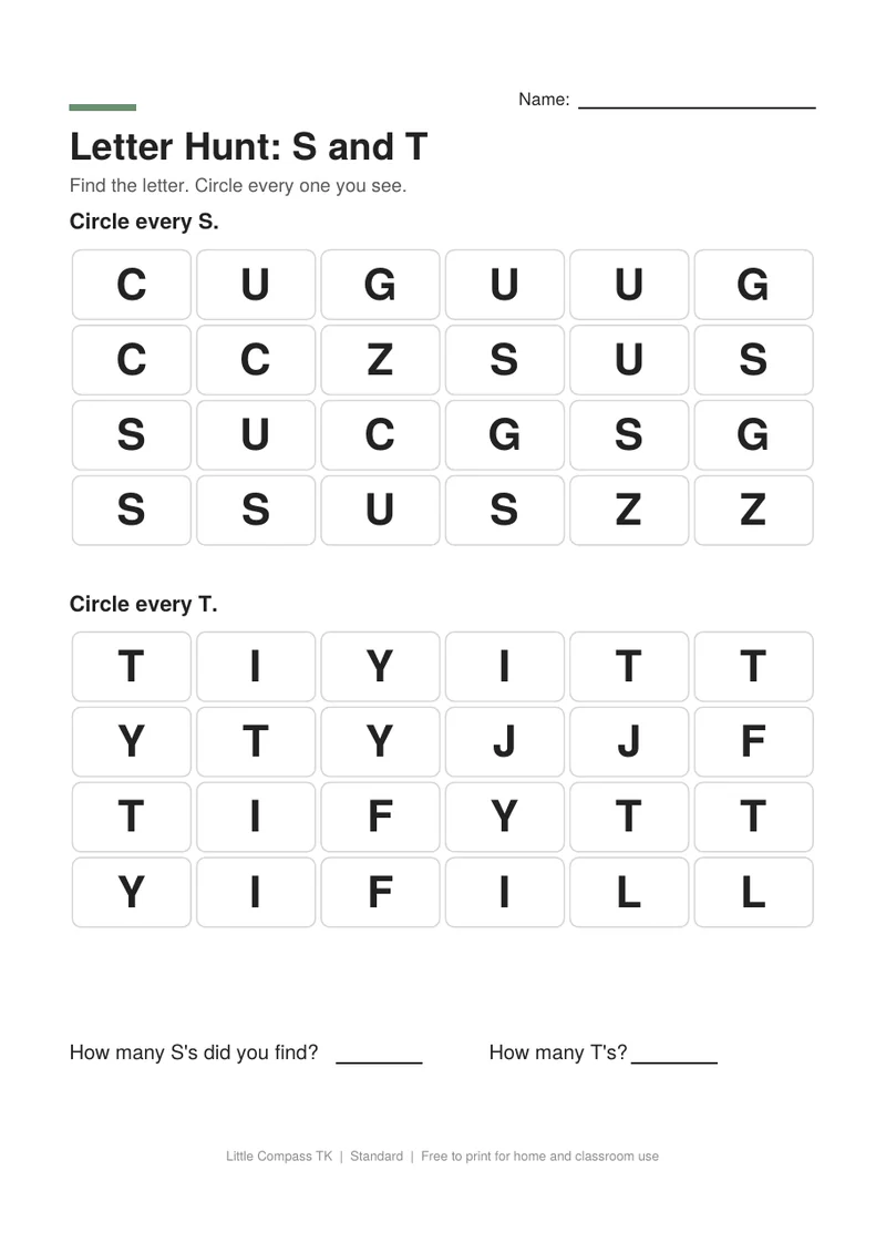 Printable worksheet with two grids of capital letters where a child circles every S and every T
