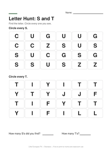 Printable worksheet with two grids of capital letters where a child circles every S and every T