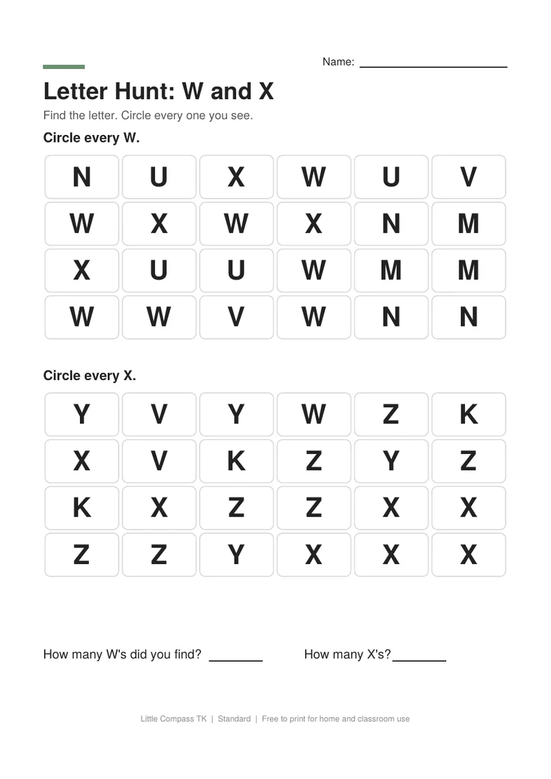 Printable worksheet with two grids of capital letters where a child circles every W and every X