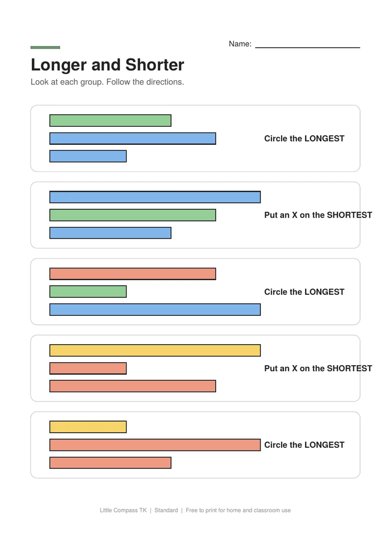 Printable worksheet with groups of bars of different lengths for circling the longest or shortest