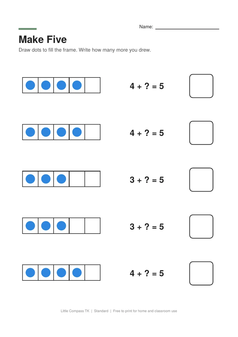 Printable worksheet with a five frame partially filled with dots to complete