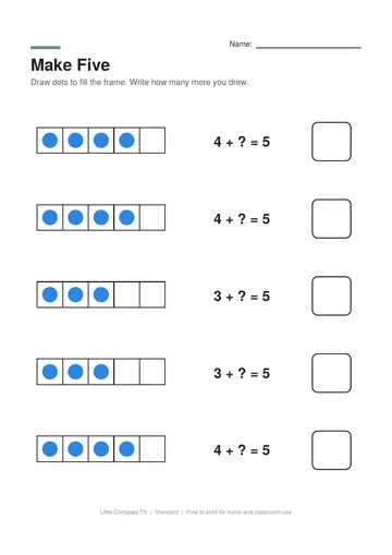 Printable worksheet with a five frame partially filled with dots to complete