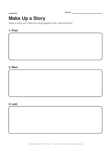 Printable worksheet with three boxes labeled first, next and last for drawing a made-up story