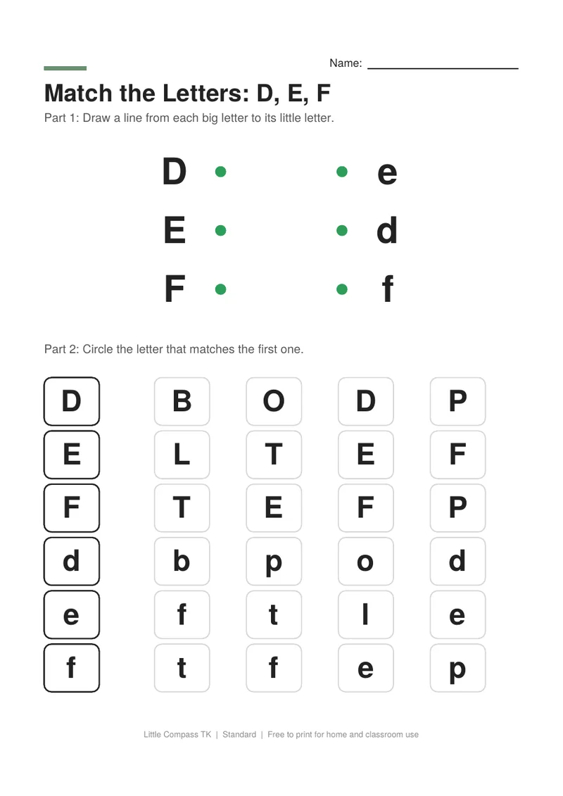 Printable letter-matching worksheet with uppercase D, E and F linked to lowercase letters and rows of letters to circle