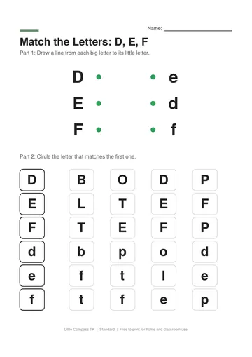Printable letter-matching worksheet with uppercase D, E and F linked to lowercase letters and rows of letters to circle