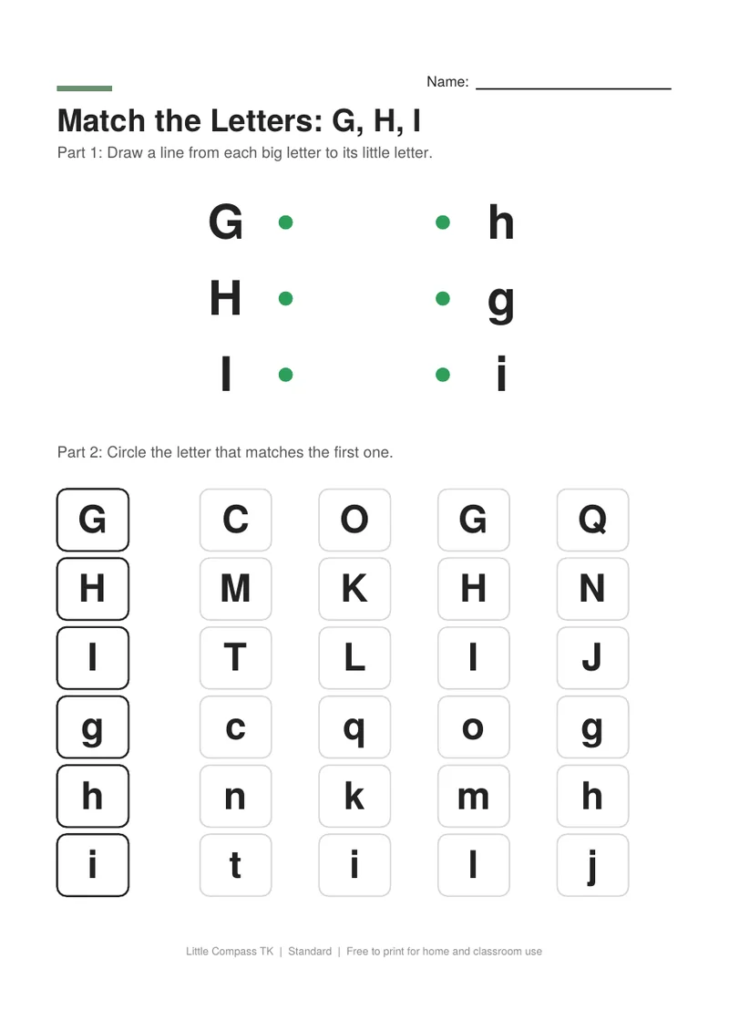 Printable letter-matching worksheet with uppercase G, H and I linked to lowercase letters and rows of letters to circle