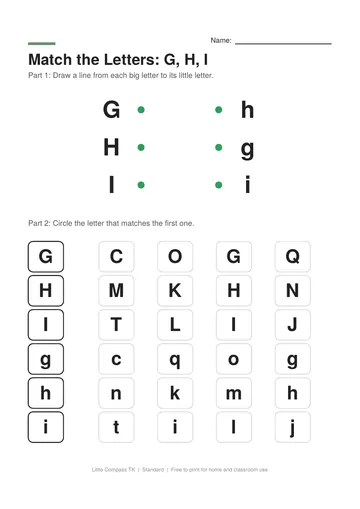 Printable letter-matching worksheet with uppercase G, H and I linked to lowercase letters and rows of letters to circle