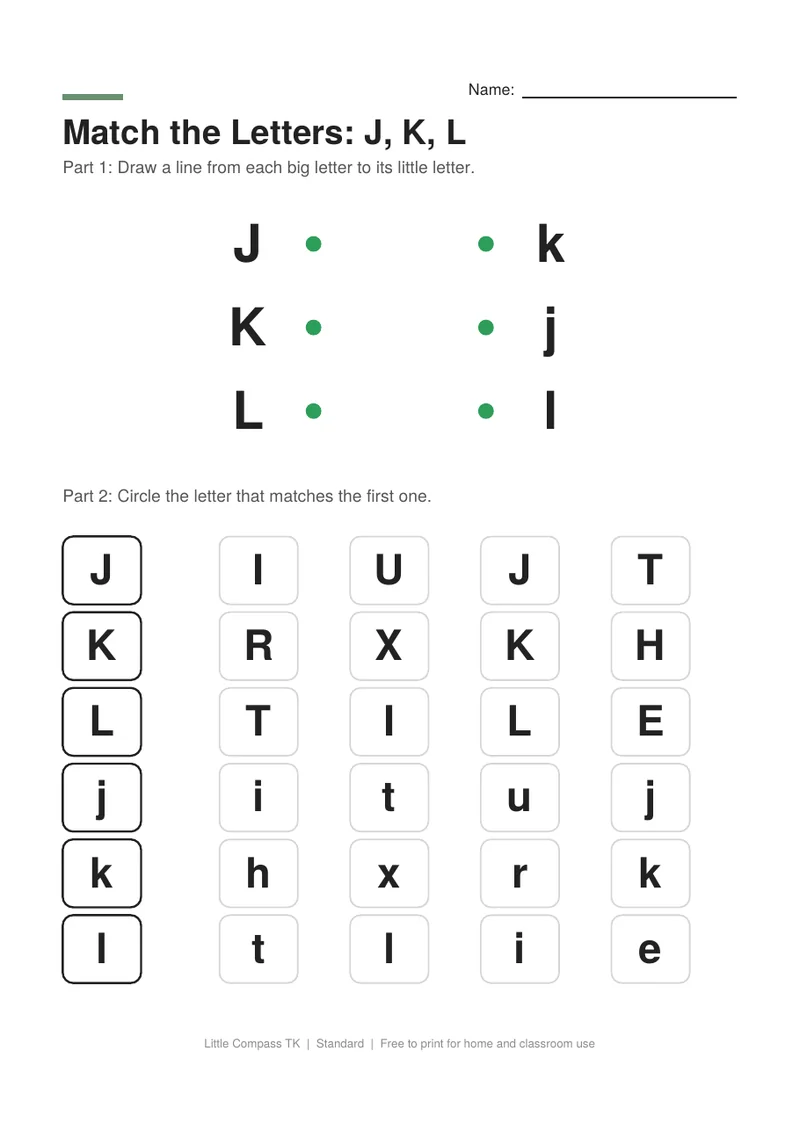 Printable letter-matching worksheet with uppercase J, K and L linked to lowercase letters and rows of letters to circle