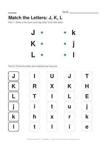 Printable letter-matching worksheet with uppercase J, K and L linked to lowercase letters and rows of letters to circle