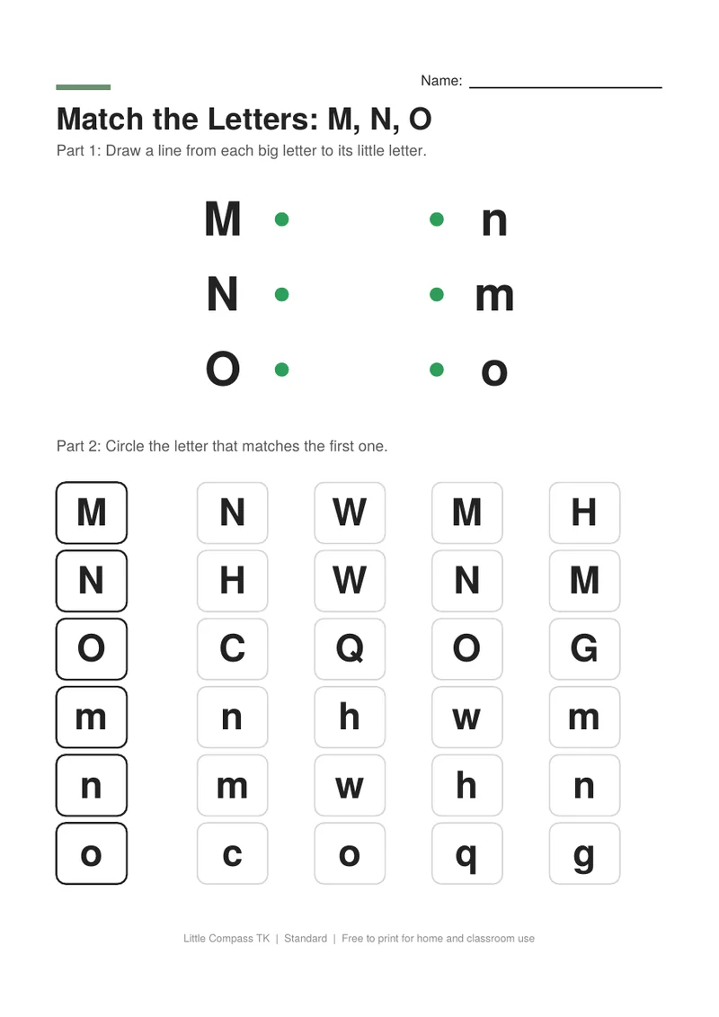 Printable letter-matching worksheet with uppercase M, N and O linked to lowercase letters and rows of letters to circle