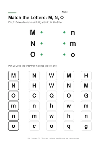 Printable letter-matching worksheet with uppercase M, N and O linked to lowercase letters and rows of letters to circle