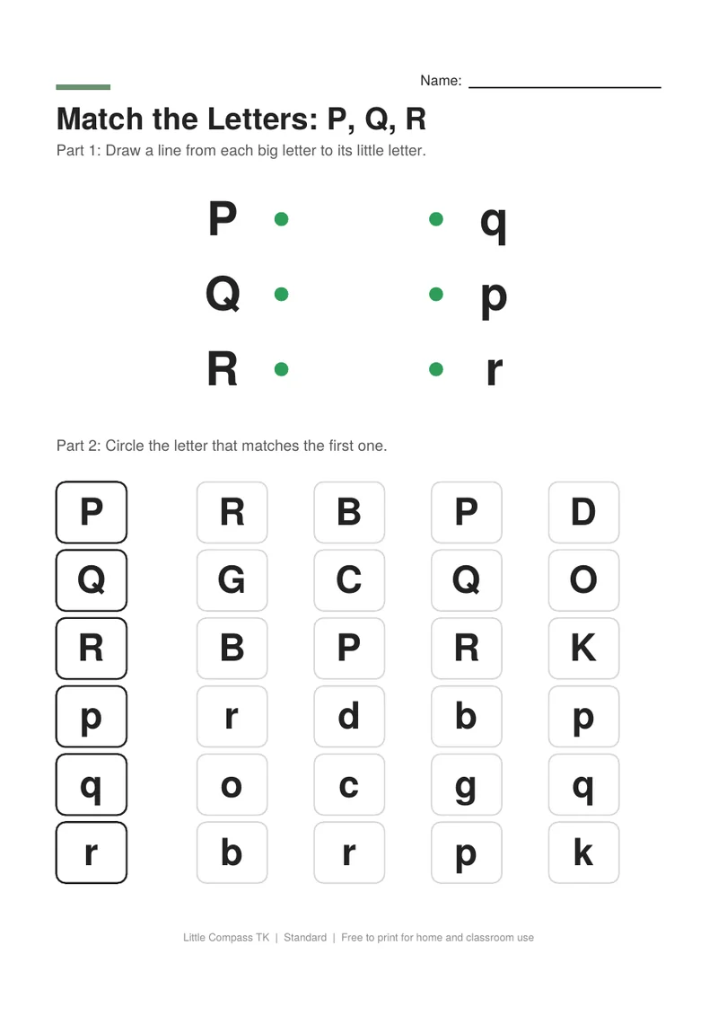 Printable letter-matching worksheet with uppercase P, Q and R linked to lowercase letters and rows of letters to circle