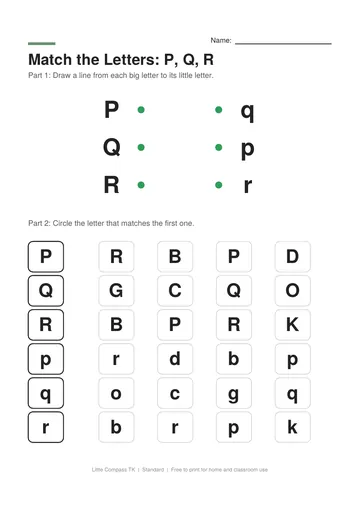Printable letter-matching worksheet with uppercase P, Q and R linked to lowercase letters and rows of letters to circle