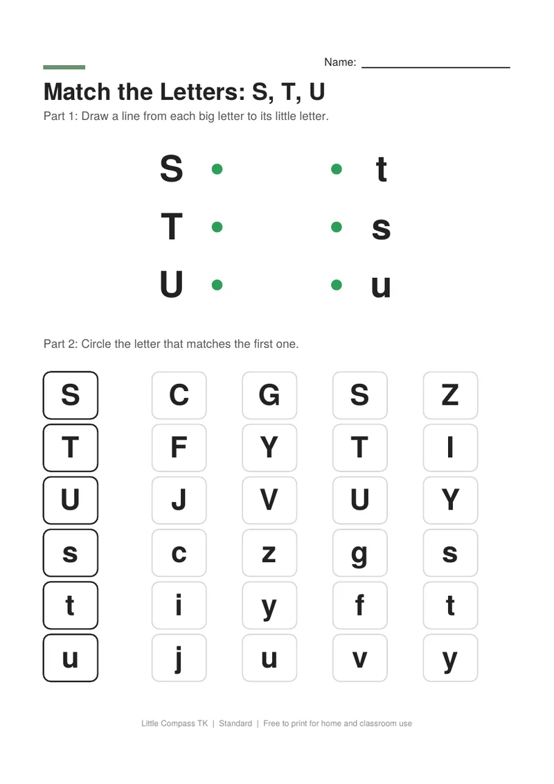 Printable letter-matching worksheet with uppercase S, T and U linked to lowercase letters and rows of letters to circle
