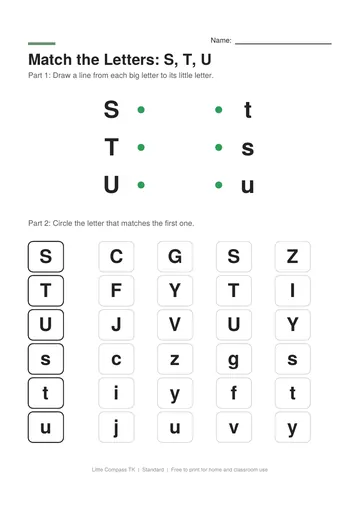 Printable letter-matching worksheet with uppercase S, T and U linked to lowercase letters and rows of letters to circle