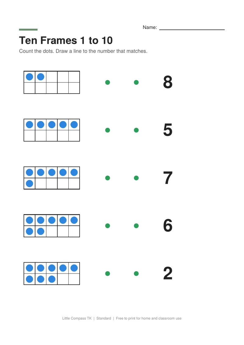 Printable worksheet with ten frames of dots to connect with the matching numbers