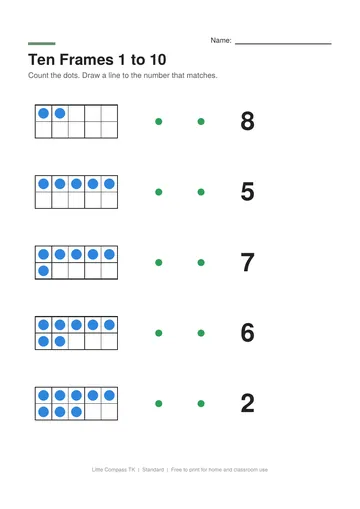 Printable worksheet with ten frames of dots to connect with the matching numbers