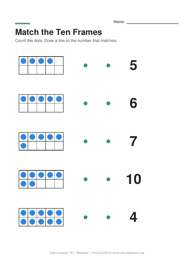 Printable worksheet with ten frames of dots to connect with the matching numbers