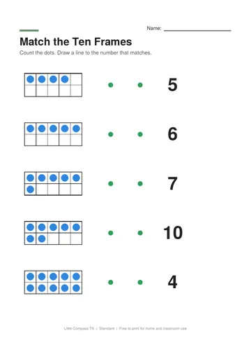 Printable worksheet with ten frames of dots to connect with the matching numbers