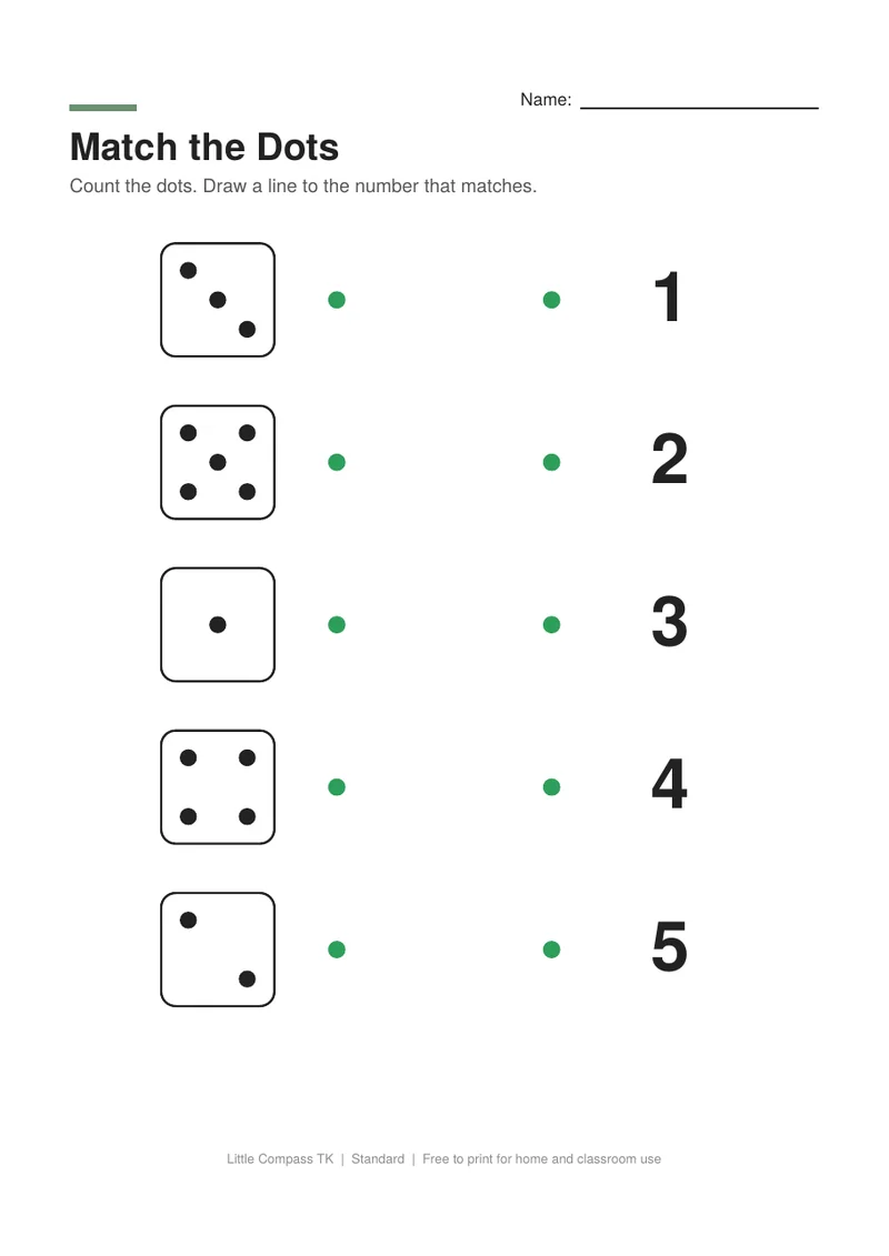 Printable worksheet with dice dots and ten frames to connect with the matching numbers