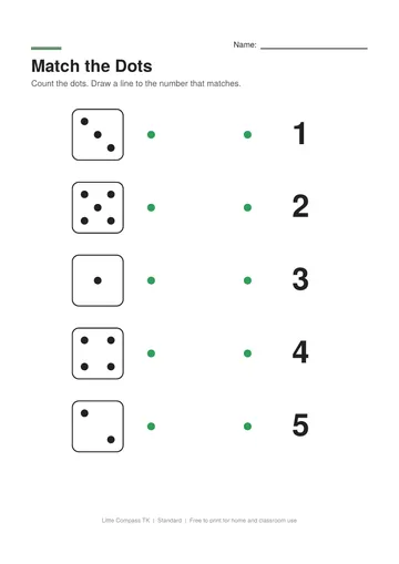 Printable worksheet with dice dots and ten frames to connect with the matching numbers