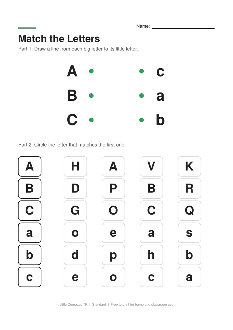 Printable letter-matching worksheet with uppercase A, B, C linked to lowercase letters and rows of letters to circle