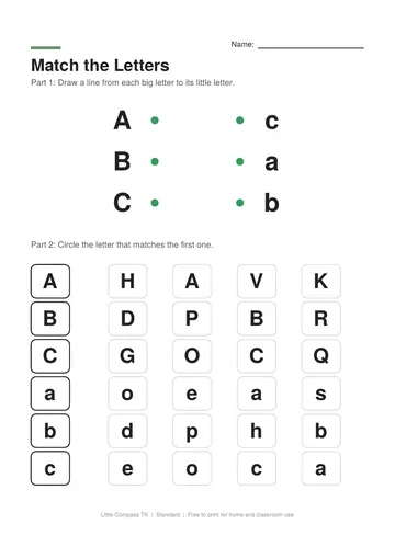 Printable letter-matching worksheet with uppercase A, B, C linked to lowercase letters and rows of letters to circle