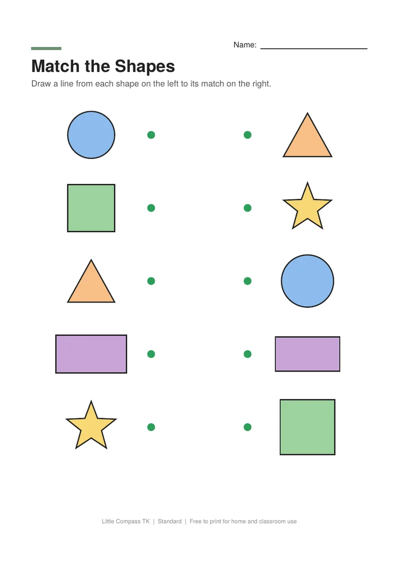 Printable worksheet with a column of five shapes on each side for a child to connect matching pairs