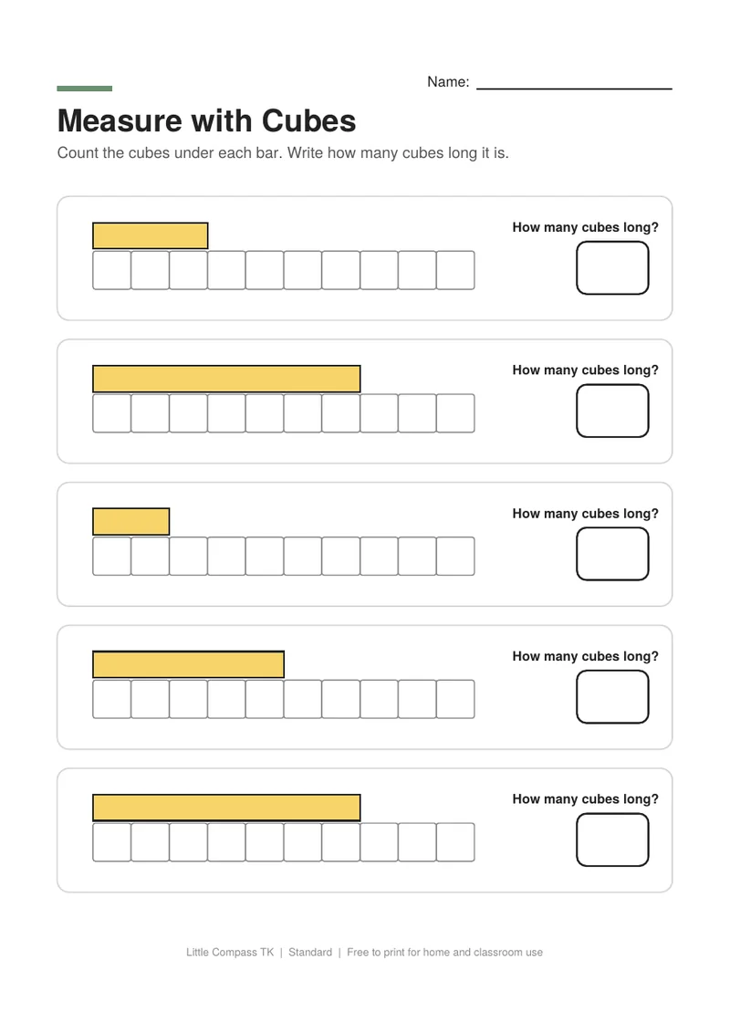 Printable worksheet with bars above a row of cubes where a child counts how many cubes long each bar is