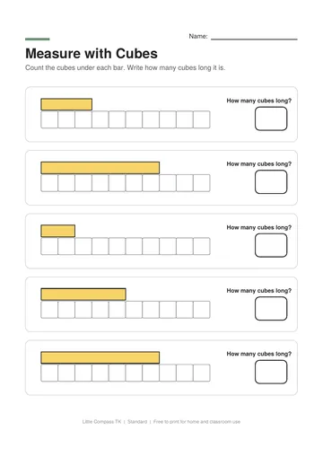 Printable worksheet with bars above a row of cubes where a child counts how many cubes long each bar is