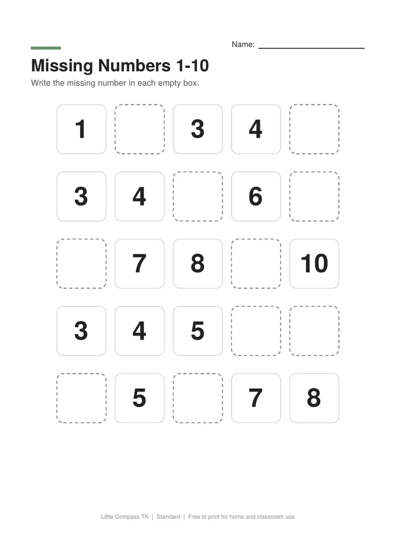 Printable worksheet with rows of numbers from one to ten where a child writes the missing number