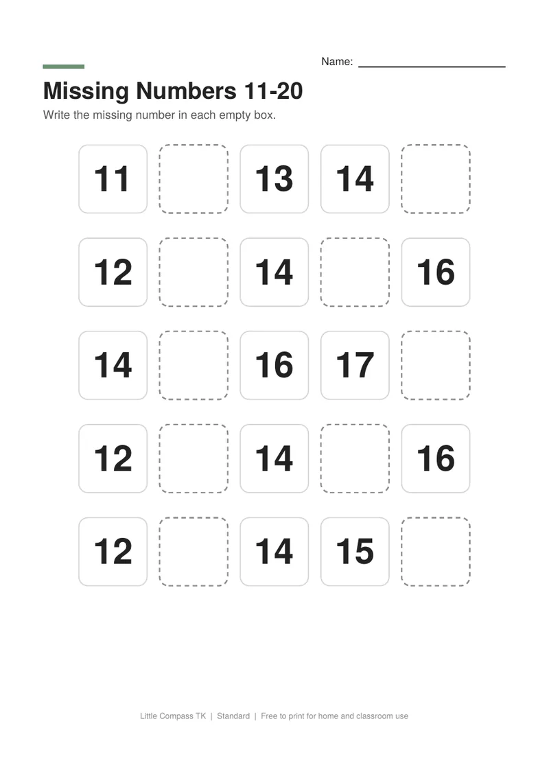 Printable worksheet with rows of numbers from eleven to twenty where a child writes the missing number