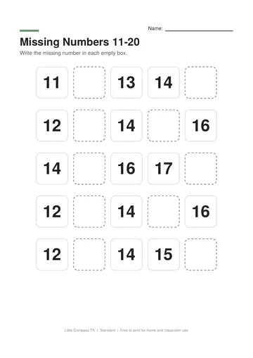 Printable worksheet with rows of numbers from eleven to twenty where a child writes the missing number