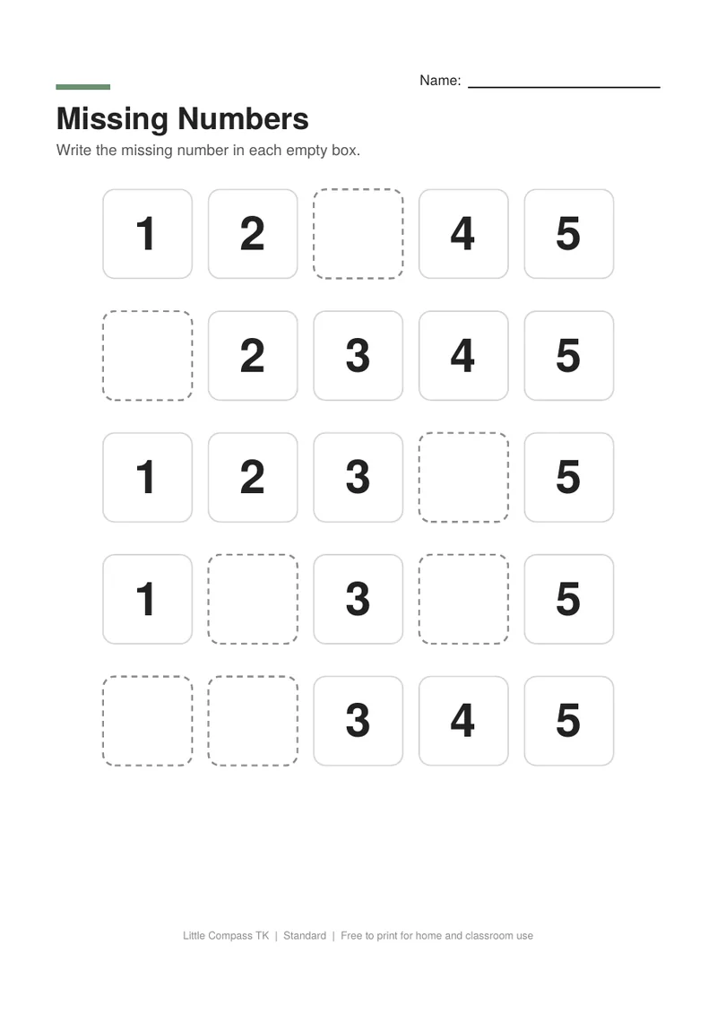 Printable worksheet with rows of numbers where a child writes the missing number in each empty box
