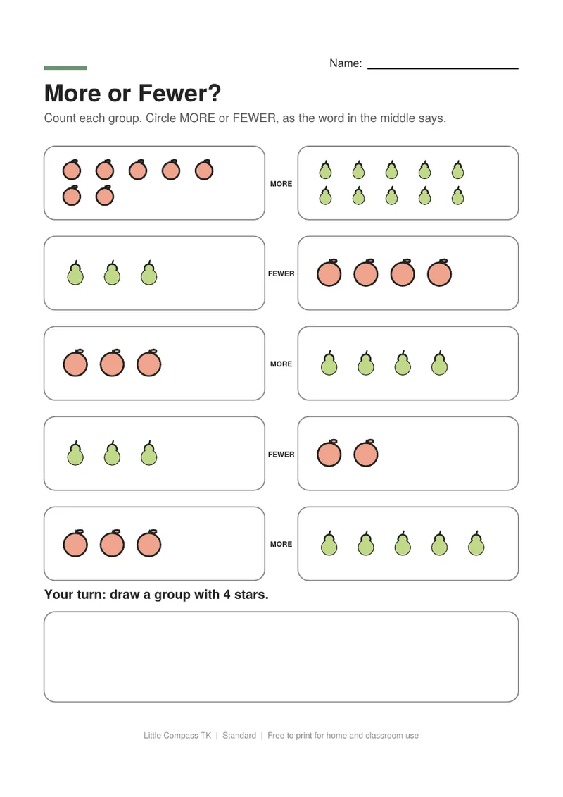 Printable worksheet with pairs of groups and a word that says more or fewer