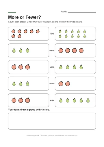 Printable worksheet with pairs of groups and a word that says more or fewer